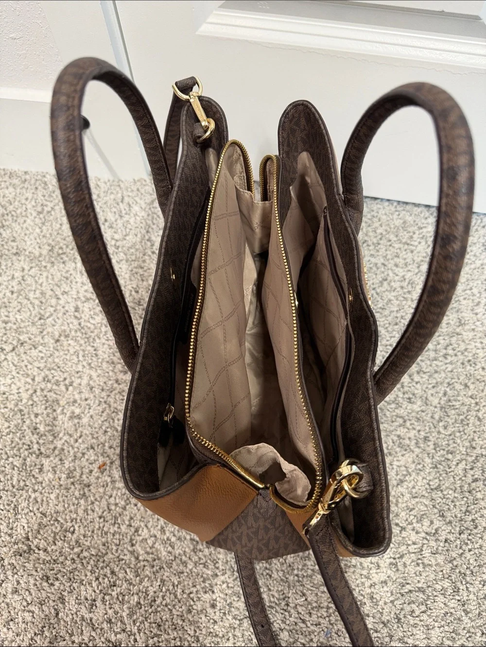 Michael Kors Brown & Tan Signature Stripe Messenger Tote